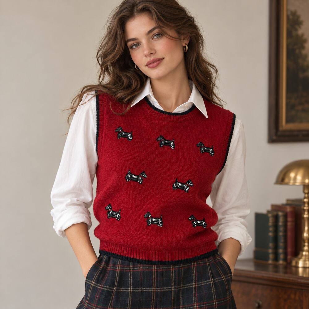 Vintage JG Hook Wool Scottie Dog Sweater Vest NWT Red Small Preppy